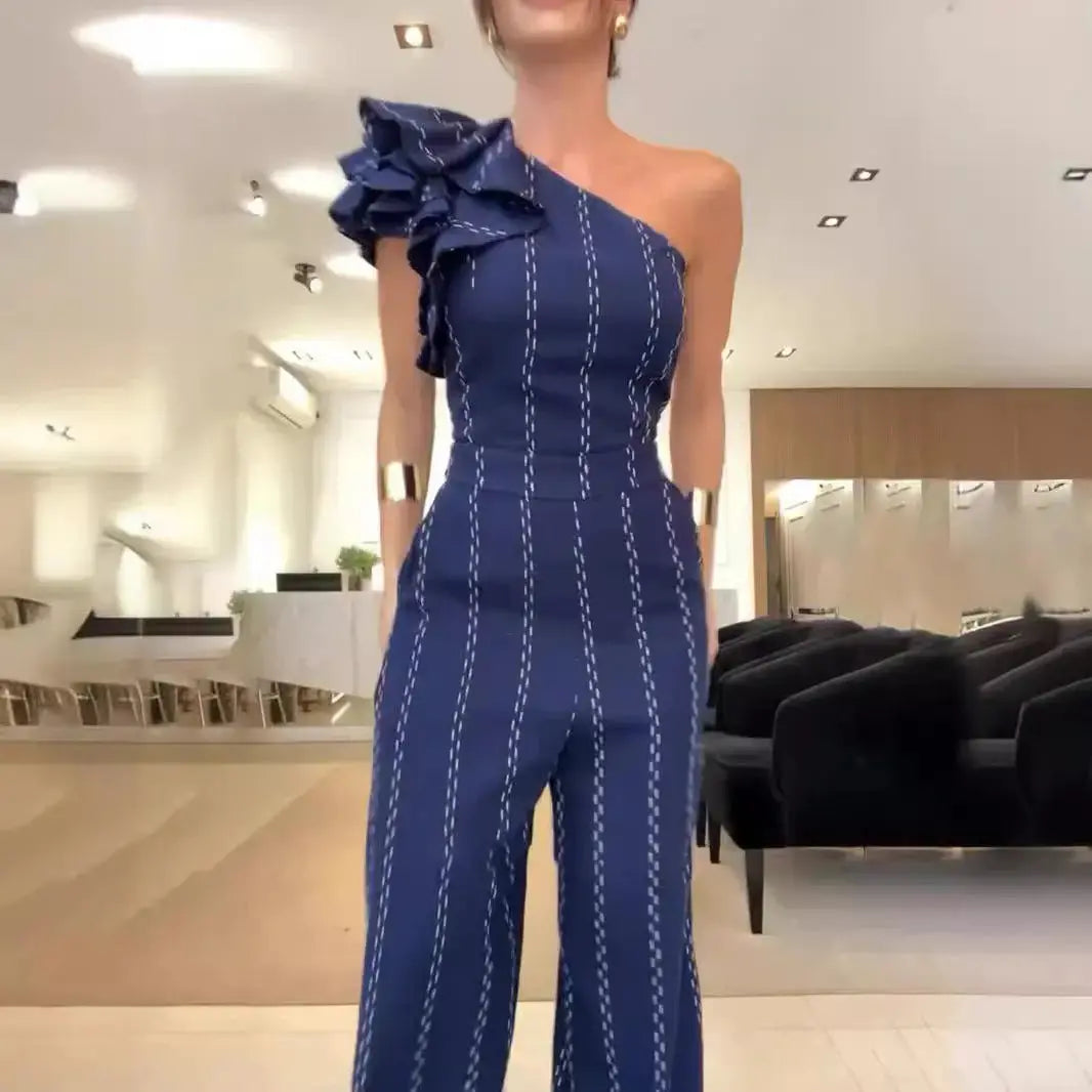 Waist-tight Diagonal Collar Shoulder-baring Stringy Selvedge Striped Jumpsuit Angel Wishes