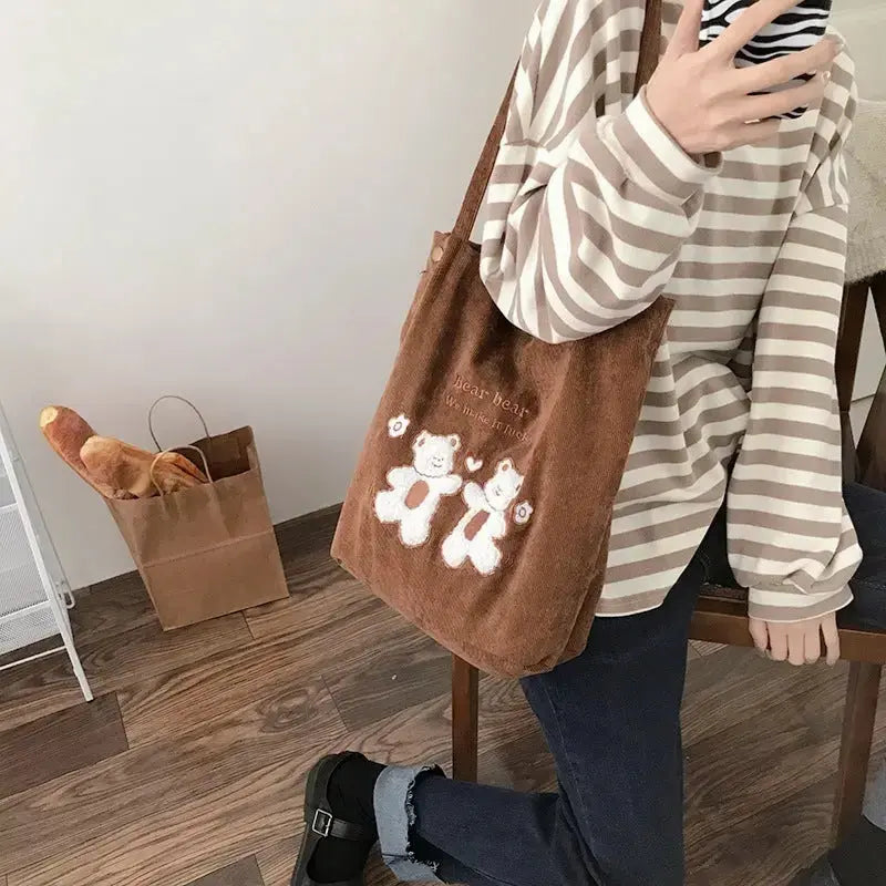 Women Corduroy Shoulder Bag Lucky Bears Embroidery Striped Canvas Handbag Eco Cloth Tote Cute Soft Shopping Bags For Ladies Angel Wishes