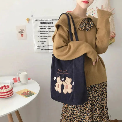 Women Corduroy Shoulder Bag Lucky Bears Embroidery Striped Canvas Handbag Eco Cloth Tote Cute Soft Shopping Bags For Ladies Angel Wishes