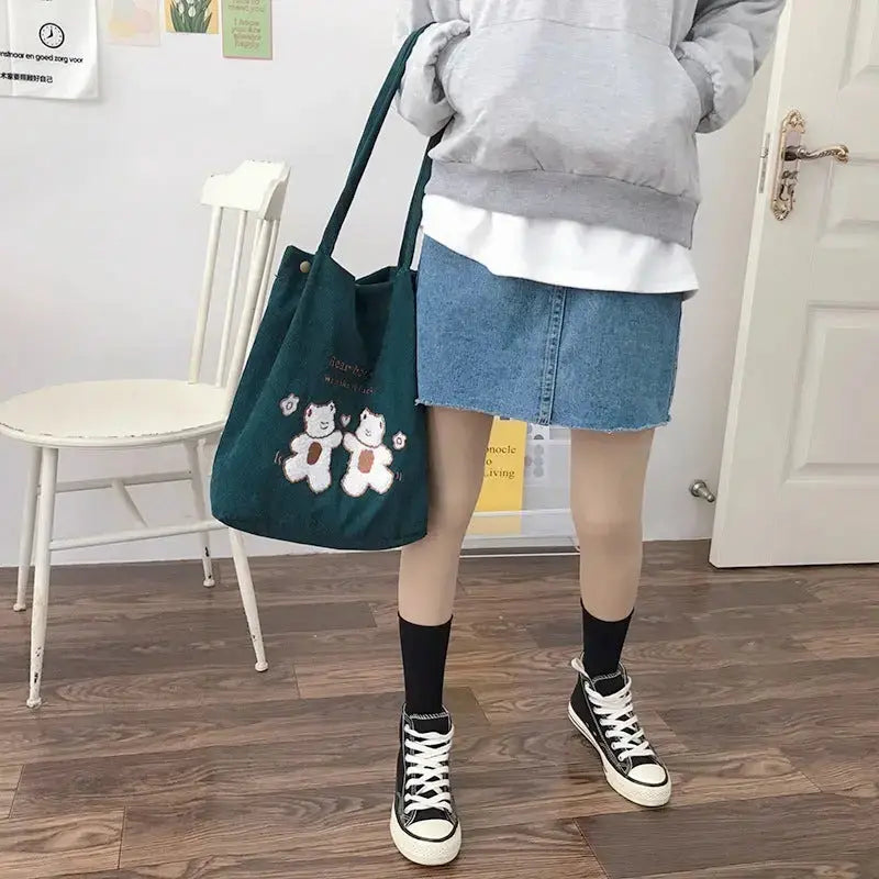 Women Corduroy Shoulder Bag Lucky Bears Embroidery Striped Canvas Handbag Eco Cloth Tote Cute Soft Shopping Bags For Ladies Angel Wishes