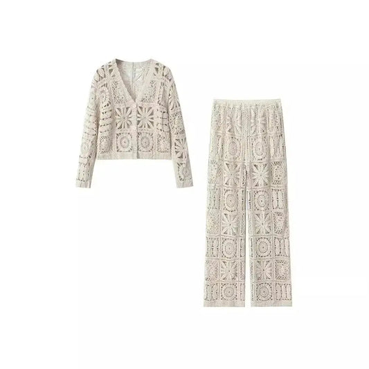 Hollow-out Crocheted V-neck Knitted Cardigan Wide-leg Lace Pants Angel Wishes