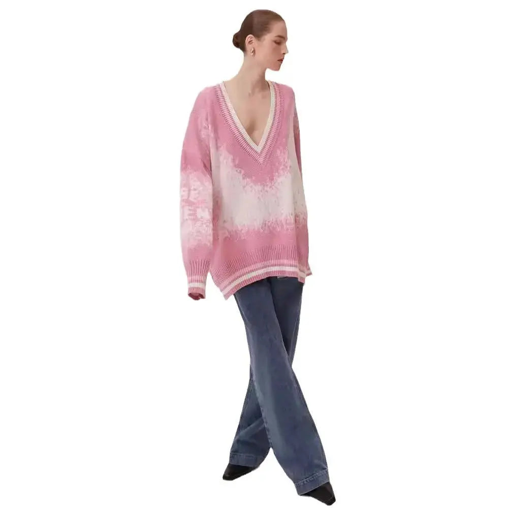 Women's Letter Contrast Color V-neck Loose Woolen Top Angel Wishes