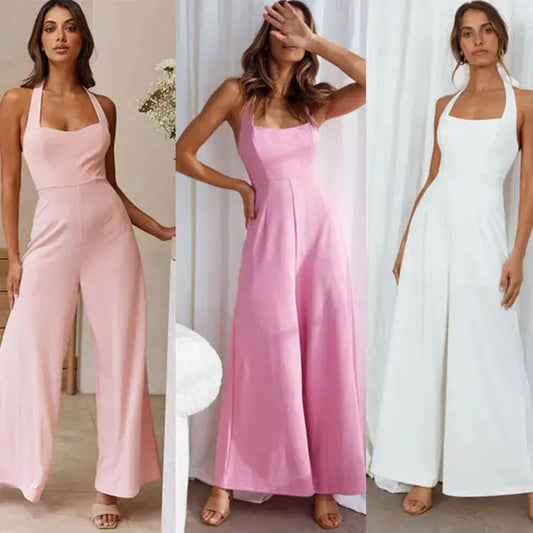 Women's Pure Color Halter Backless Wide Leg Leisure Jumpsuit Angel Wishes