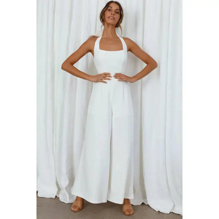 Women's Pure Color Halter Backless Wide Leg Leisure Jumpsuit Angel Wishes