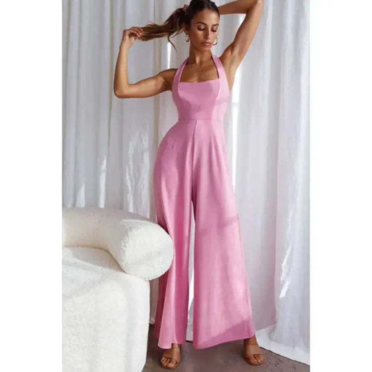 Women's Pure Color Halter Backless Wide Leg Leisure Jumpsuit Angel Wishes