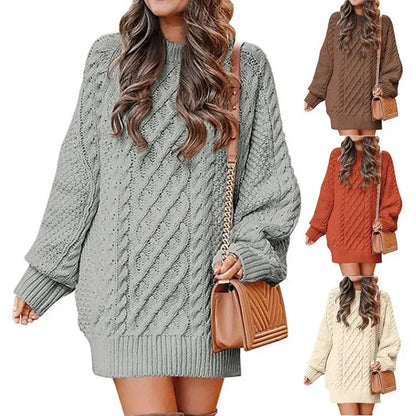 Women's Round Neck Long Sleeve Twisted Knitted Mid-length Dress Sweater Angel Wishes