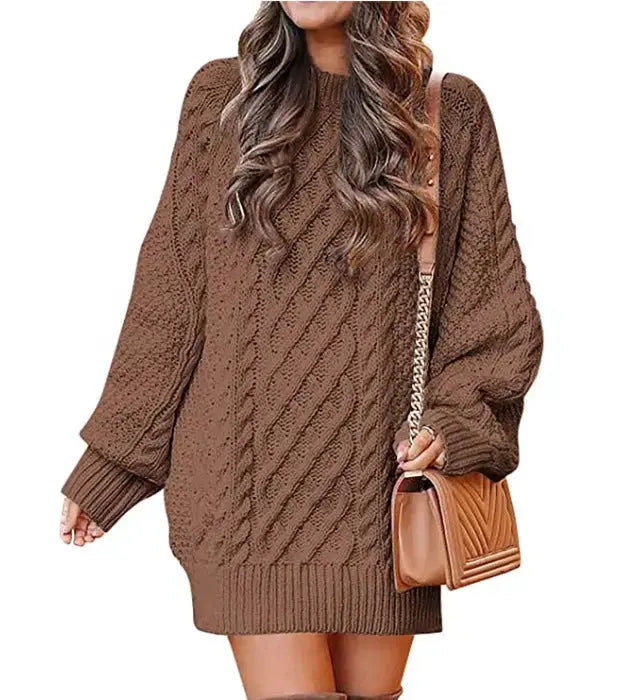 Women's Round Neck Long Sleeve Twisted Knitted Mid-length Dress Sweater Angel Wishes