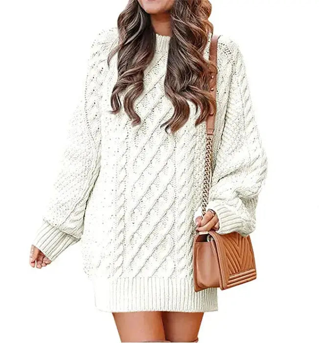 Women's Round Neck Long Sleeve Twisted Knitted Mid-length Dress Sweater Angel Wishes