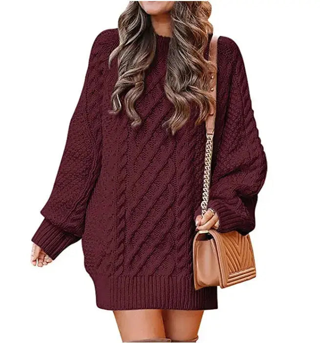 Women's Round Neck Long Sleeve Twisted Knitted Mid-length Dress Sweater Angel Wishes