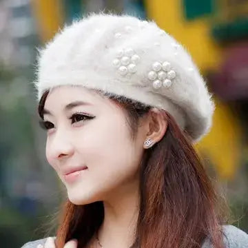 Women's Winter Korean Hats Trendy Pearl Rabbit Fur Angel Wishes