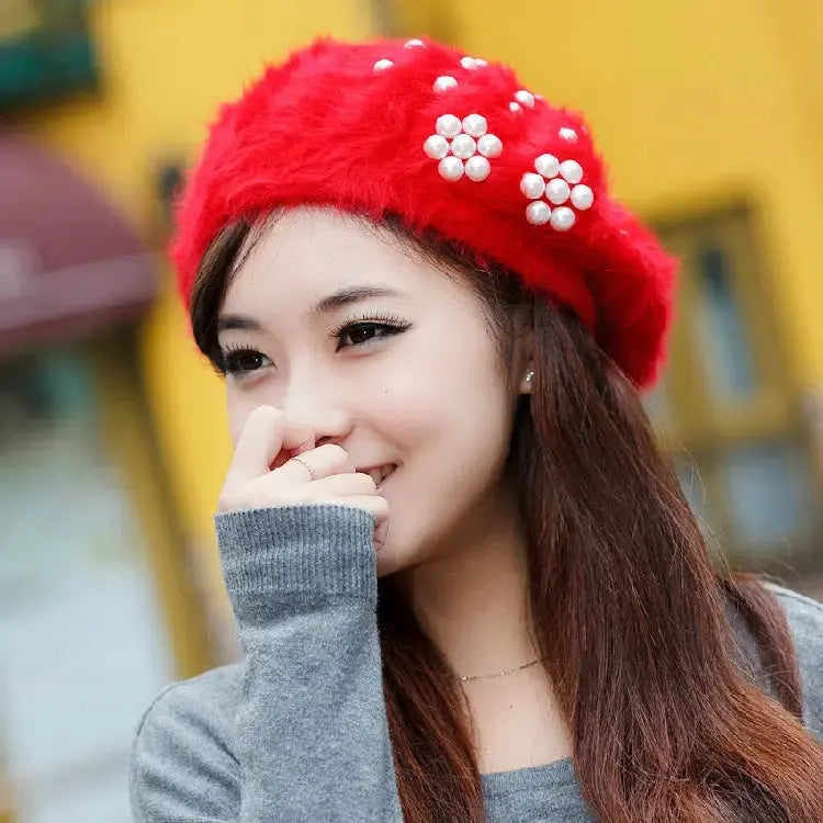 Women's Winter Korean Hats Trendy Pearl Rabbit Fur Angel Wishes